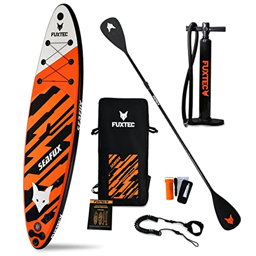 Fuxtec Aufblasbares SUP Board Set – Stand Up Paddle Board 320 x 81 x 15 cm mit 3 Finnen – Touring-Board belastbar bis 150kg – inkl. Rucksack von Fuxtec