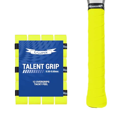G-Lueck 12er Set Tennis Griffband Talent Grip | 0,60mm Stärke | Overgrip für Squash Badminton Schläger & Kicker inkl. selbstklebendes Abschlußband | sehr griffig, Anti-Rutsch (Neon-Gelb) von G-Lueck