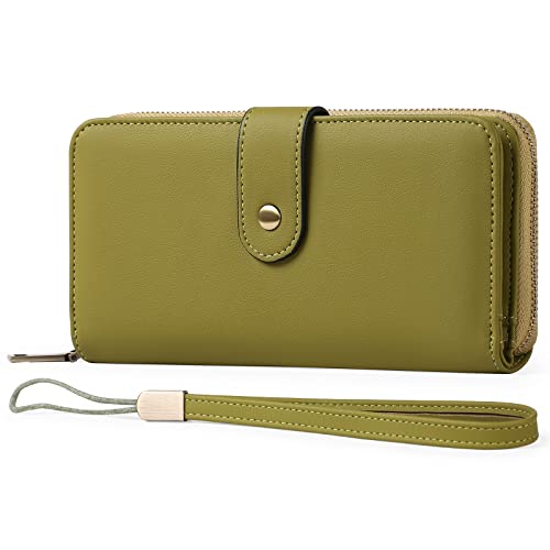 GAEKEAO Geldbörse für Damen, Clutch, RFID-blockierend, Leder, Handgelenktasche, großes Fassungsvermögen, Kreditkartenetui mit Griff-Handschlaufe, Typ 2 Light Army Green, Classic von GAEKEAO