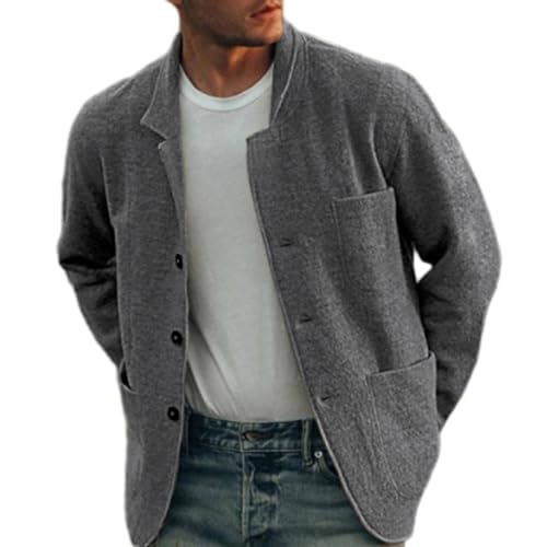 Einfarbige Herren-Strickjacke, langärmelig, Revers, 3 Knöpfe, vorne offen, schmale Strickjacke mit Taschen, Grau, Größe L von GAGFDA