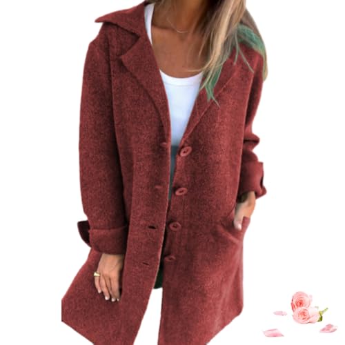 GAGFDA 2024 Damen-Trenchcoat, lässig, Wolle, einreihig, lang, für Herbst und Winter, langärmelig, Knopfjacken mit Taschen (Dunkelrot, Größe 4XL) von GAGFDA