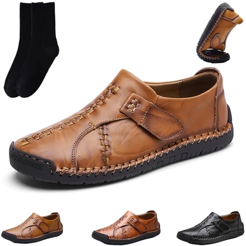 GAGFDA Bequeme, leichte Lederschuhe für Herren, Handnähte, flache Echtleder-Schlupfschuhe, Fahrschuhe, rutschfest, atmungsaktiv, Walking-Kleiderschuhe (Braun, 42 EU) von GAGFDA