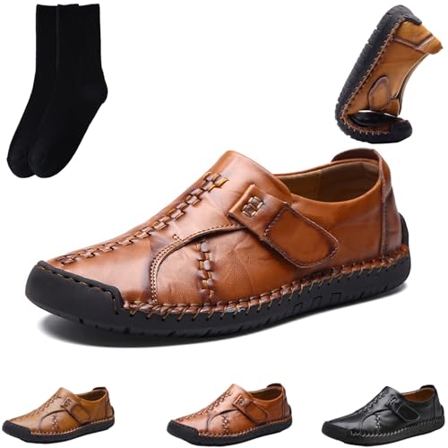 GAGFDA Bequeme, leichte Lederschuhe für Herren, handgenäht, flache Echtleder-Schlupfschuhe, Fahrschuhe, rutschfest, atmungsaktiv, Wanderschuhe, Dunkelbraun, 40 EU von GAGFDA