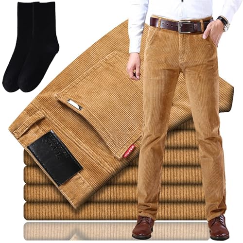 GAGFDA Cordhose für Herren, klassische Passform, für Herbst und Winter, schmale Passform, Baggy, Stretch, gerade Anzughose, Cordhose (Khaki, 28 W) von GAGFDA