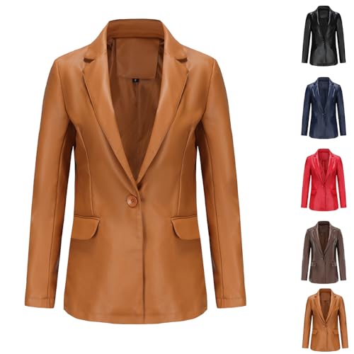 GAGFDA Damen-Leder-Anzugjacke, Kunstlederjacke, langärmelig, Revers, 1 Knopf, einfarbig, PU-Leder, Blazer-Jacke, Mantel mit Taschen von GAGFDA