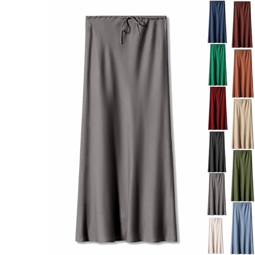GAGFDA Damen-Maxirock aus Satin, hohe Taille, Kordelzug, einfarbig, langer A-Linien-Rock, brauner Satinrock, elastische Taille, formeller Satin-Rock, eleganter Rock für Damen, grau, S GAGFDA Damen-Maxirock aus Satin, hohe Taille, Kordelzug, einfarbig, langer A-Linien-Rock, brauner Satinrock, elastische Taille, formeller Satin-Rock, eleganter Rock für Damen, grau, S von GAGFDA