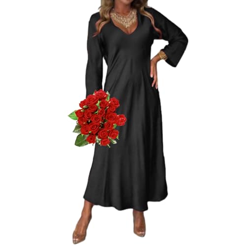 GAGFDA Damen V-Ausschnitt Langarm Satin Kleid Satin Langes Kleid für Frauen Elegant Formelle Party Cocktail Abendkleider für Frauen (Schwarz, L) von GAGFDA