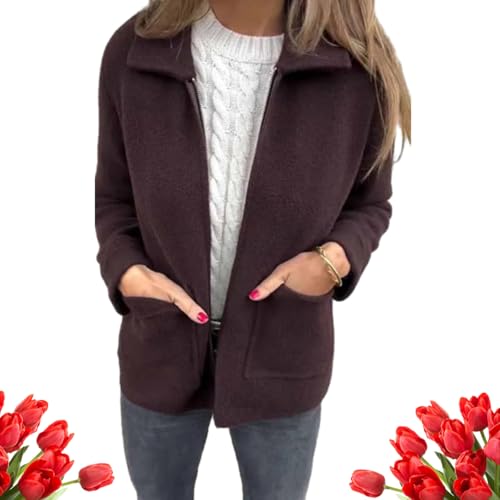 GAGFDA Freizeitjacke mit Revers und Reißverschlusstasche, für Herbst und Winter, lange Ärmel, durchgehender Reißverschluss, mittellang, Wolljacken, Mäntel mit Taschen von GAGFDA