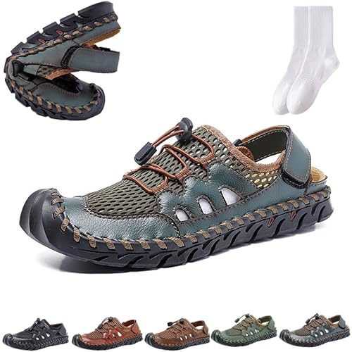 GAGFDA Herren-Sandalen aus echtem Leder, rutschfest, Netzstoff, lässig, weich, Fischer-Sandalen, geschlossene Zehen, verstellbare Strandpantoffeln, flache Schlupfschuhe von GAGFDA