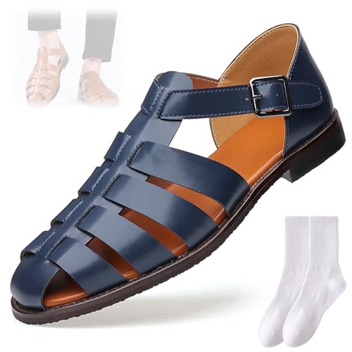 GAGFDA Herrensandalen mit geschlossenem Zehenbereich, Sommer, Leder, Aushöhlung, verstellbar, römische Sandalen, Komfort, flach, Walking, Strandsandalen, Fischersandalen für Herren (Blau, 48 EU) von GAGFDA