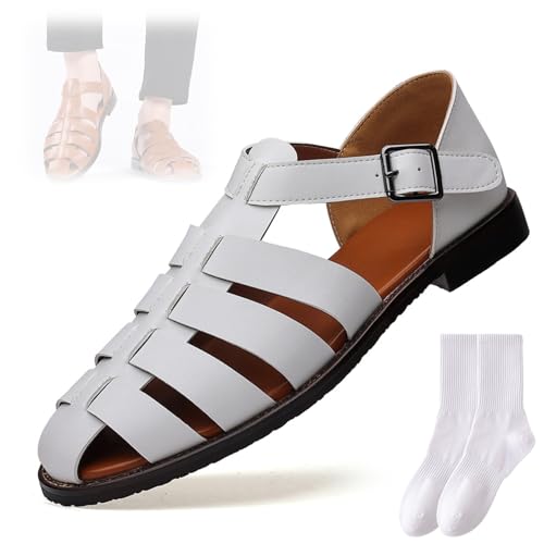 GAGFDA Herrensandalen mit geschlossenem Zehenbereich, Sommer, Leder, Aushöhlung, verstellbar, römische Sandalen, Komfort, flach, zum Spazierengehen, Strandsandalen, Anglersandalen für Herren (Weiß, 39 von GAGFDA