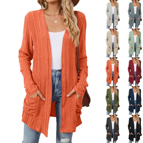 GAGFDA Lässiger Strickmantel für Damen, langärmelig, offene Vorderseite, für Herbst und Winter, einfarbig, leicht, lang, Strickjacke, Pullover mit Taschen (Orange, Größe L) von GAGFDA