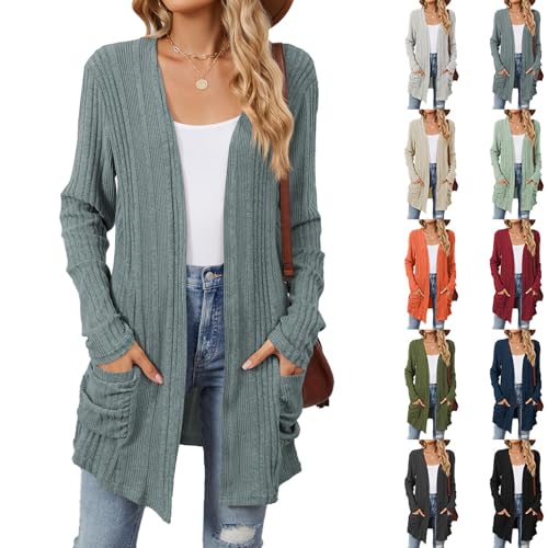 GAGFDA Lässiger Strickmantel für Damen, langärmelig, vorne offen, für Herbst und Winter, einfarbig, leicht, lang, Strickjacke, Pullover mit Taschen (Blau, Größe L) von GAGFDA