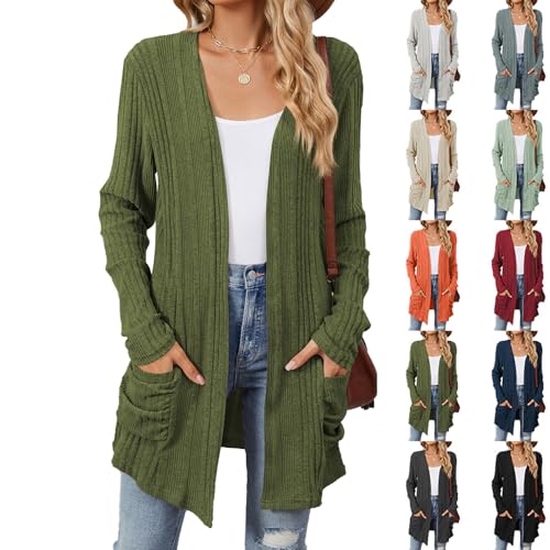 GAGFDA Lässiger Strickmantel für Damen, langärmelig, vorne offen, für Herbst und Winter, einfarbig, leicht, lang, Strickjacke, Pullover mit Taschen (Dunkelgrün, Größe 2XL) von GAGFDA