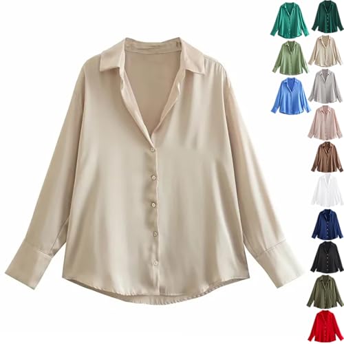 GAGFDA Satin-Hemd für Damen, lässig, Revers, langärmelig, Knopfleiste, Business, Büro, Arbeit, Satin-Bluse, Tops (Khaki, M) von GAGFDA