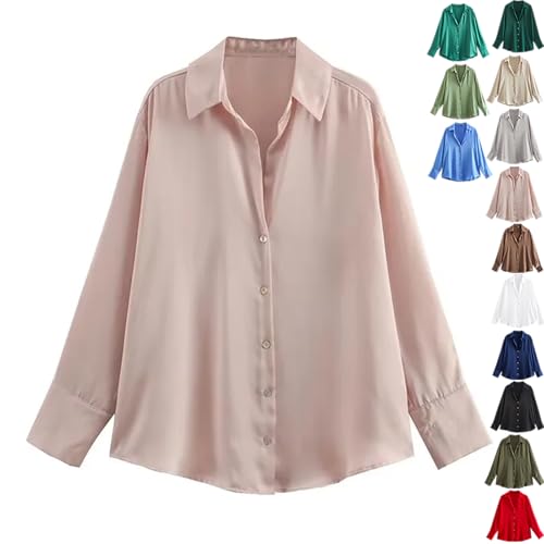 GAGFDA Satin-Hemd für Damen, lässig, Revers, langärmelig, Knopfleiste, Business, Büro, Arbeit, Satin-Bluse, Tops (Rosa, S) von GAGFDA