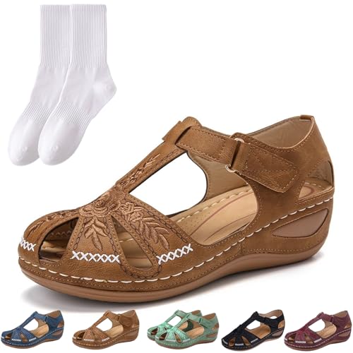 GAGFDA Sommer Damen-Sandalen mit Vintage-Schnalle, lässige Stickerei, florales Plateau, rutschfeste Sandalen, weiches PU-Leder, geschlossene Zehenpartie, Vintage, rutschfeste Sandalen, Keilsandalen von GAGFDA