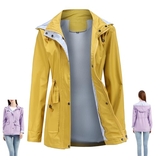 GAGFDA Wasserabweisende, gestreifte Windbreaker-Regenjacke für Damen, Outdoor, langärmelig, durchgehender Reißverschluss, wasserdicht, Trenchcoats mit Taschen (Gelb, Größe 2XL) von GAGFDA