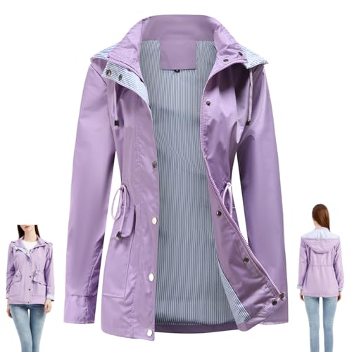 GAGFDA Wasserabweisende, gestreifte Windbreaker-Regenjacke für Damen, Outdoor, langärmelig, durchgehender Reißverschluss, wasserdicht, Trenchcoats mit Taschen (Lila, Größe 2XL) von GAGFDA