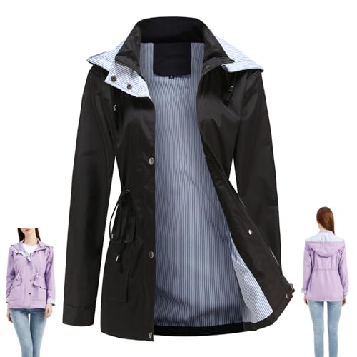 GAGFDA Wasserabweisende, gestreifte Windjacke mit Kapuze, für Damen, Outdoor, langärmelig, durchgehender Reißverschluss, wasserdicht, Trenchcoat mit Taschen, Schwarz, Größe XL von GAGFDA