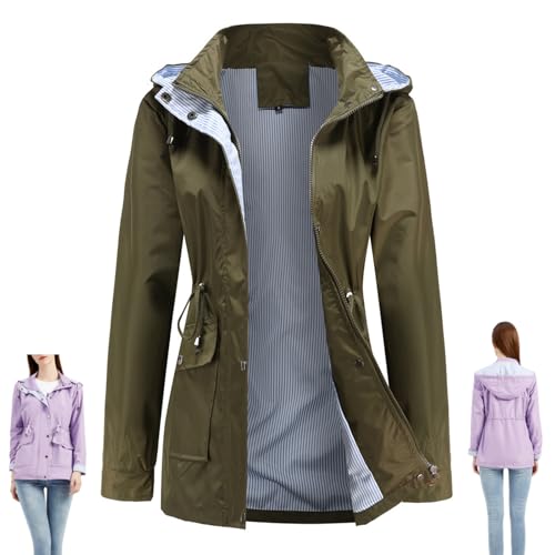 Wasserabweisende, gestreifte Windjacke mit Kapuze, für Damen, Outdoor, langärmelig, durchgehender Reißverschluss, wasserdicht, Trenchcoats mit Taschen, Grün, Größe S von GAGFDA