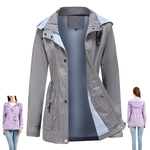 Wasserabweisender gestreifter Windbreaker mit Kapuze, für Damen, Outdoor, langärmelig, durchgehender Reißverschluss, wasserdicht, Trenchcoats mit Taschen (Grau, M) von GAGFDA