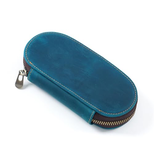 GALSOR Federmäppchen Vintage-Leder-Stiftetui for Herren, 3-teilig, oval, mit Reißverschluss, praktisches Stiftetui(Color:Blue) von GALSOR