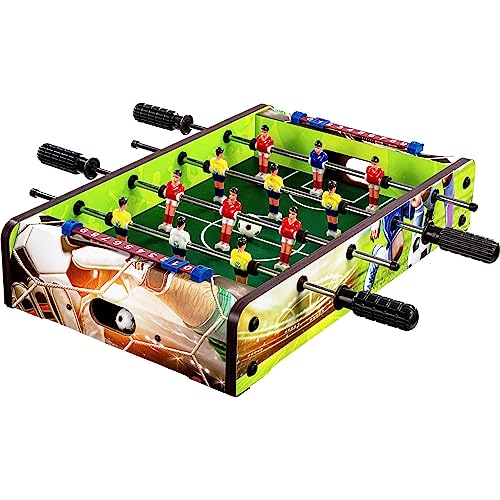 GAMES PLANET Mini-Tisch-Kicker Tischfussball „Dundee“, Soccer Dekor, Maße: 51x31x8 cm, Gewicht: 2,6 kg, 4 Spielstangen, inkl. 2 Bälle von GAMES PLANET