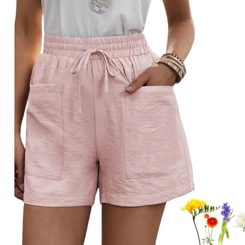 GANDUS Solide Sommer-Shorts mit Zwei Taschen, lässig, bequem, Kordelzug, elastische Taille, Baumwoll-Leinen-Shorts mit Taschen (B,5XL) von GANDUS
