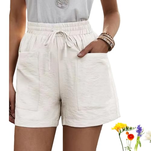 GANDUS Solide Sommer-Shorts mit Zwei Taschen, lässig, bequem, Kordelzug, elastische Taille, Baumwoll-Leinen-Shorts mit Taschen (D,2XL) von GANDUS