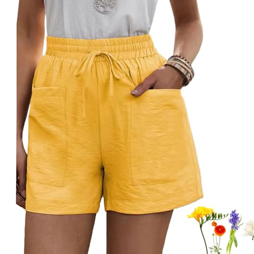 GANDUS Solide Sommer-Shorts mit Zwei Taschen, lässig, bequem, Kordelzug, elastische Taille, Baumwoll-Leinen-Shorts mit Taschen (F,4XL) von GANDUS