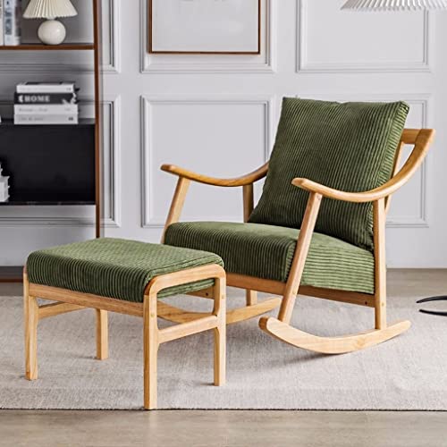 GANGUIO Schaukelstuhl aus Holz mit Ottomane: Schaukelstuhl im Mid-Century-Stil mit gepolstertem Stoffbezug für Wohnzimmer, Babyzimmer, Schlafzimmer – Grün von GANGUIO