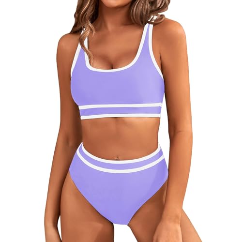 GAOSHA Zweiteiliger Damen-Bikinis mit Rundhalsausschnitt, bauchfreies Oberteil, hoher Schnitt, sportlich, hohe Taille, Badeanzug mit Hose von GAOSHA