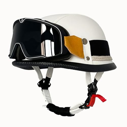 Halbhelm Aus Leder Offener Helm Mit Schutzbrille Retro-Motorradhelm Halbhelm Für Roller Moped Fahrrad Cruiser ECE/DOT-Geprüft A,XXL(61-62CM) von GAOZITAIGZ