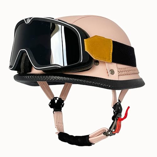 Halbhelm Aus Leder Offener Helm Mit Schutzbrille Retro-Motorradhelm Halbhelm Für Roller Moped Fahrrad Cruiser ECE/DOT-Geprüft C,XL(59-60CM) von GAOZITAIGZ