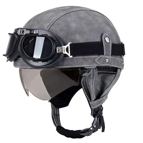 Retro-Halbhelm Aus Leder Mit Schutzbrille Offener Helm Motorrad-Halbhelm Für Männer Und Frauen ECE-Zugelassen Für Cruiser-Scooter-Moped C,S(55-56CM) von GAOZITAIGZ