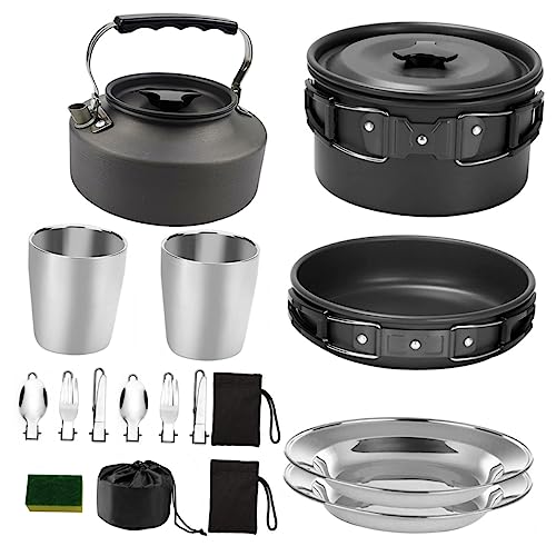 GAROZATION 1 Set Outdoor Kocher Und Camping Kochgeschirr Faltbares Kochset Mit Gaskocher Grillplatte Und Campingbesteck Für Picknick Und Outdoor Aktivitäten Ideal Für 4 Personen von GAROZATION