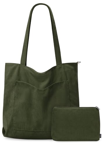 GASSDA Cord Tasche Damen,Groß Shopper Tasche Damen Handtasche Umhängetasche Tote Bag Damen mit Reißverschluss und Kosmetiktaschen (A-Grün) von GASSDA