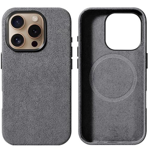 GAZIXCUN Alcantara-Wildlederhülle für iPhone 16/16 Plus/16 Pro/16 Pro Max, Komplett Umwickeltes Echtes Italienisches Wildleder, Kompatibel mit Magsafe, rutschfeste, Atmungsaktive Hülle,Gray,16 von GAZIXCUN