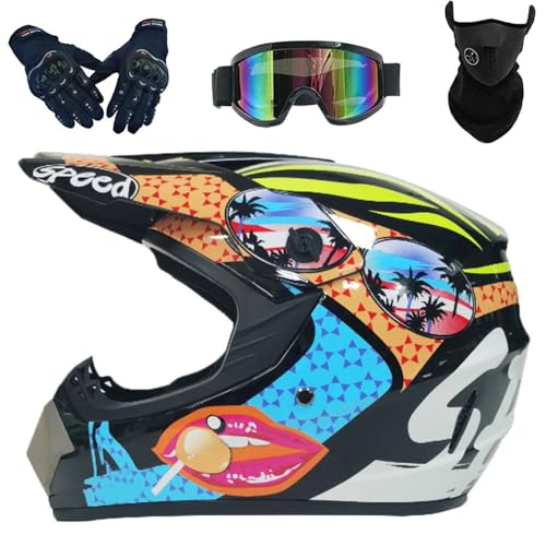 Crosshelm für Kinder, Off-Road-Helm für Erwachsene mit Handschuhen, Maskenbrille, Motocross-Helm(JJ,L(56-57cm)) von GDAONUDK