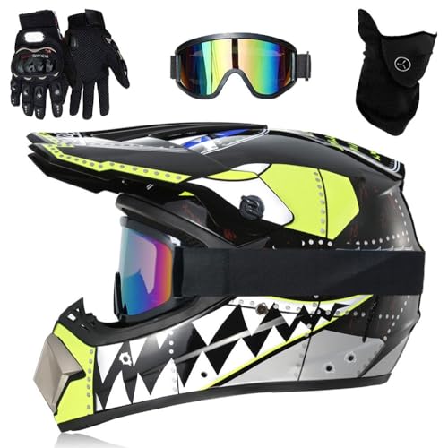Jugend-Motocross-Helm, Kinder-Motorradhelm MX Quad ATV Sports Enduro Crash Dirt Bike Helm, Integral-Offroad-Motorrad-Crashhelm für Erwachsene, mit Schutzbrille, Maske, Handschuhen(Black teeth,S(52-53c Jugend-Motocross-Helm, Kinder-Motorradhelm MX Quad ATV Sports Enduro Crash Dirt Bike Helm, Integral-Offroad-Motorrad-Crashhelm für Erwachsene, mit Schutzbrille, Maske, Handschuhen(Black teeth,S(52-53c von GDAONUDK