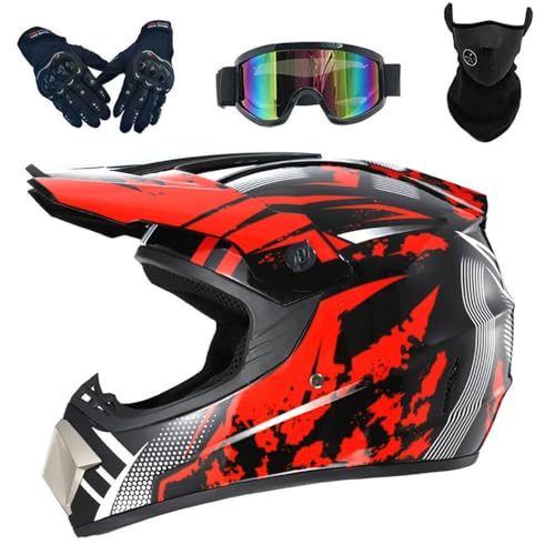 Kinder-Crosshelm, Offroad-Helm für Erwachsene mit Handschuhen, Maskenbrille, Motocross-Helm, DOT-zugelassen(#D1,S(52-53cm)) von GDAONUDK