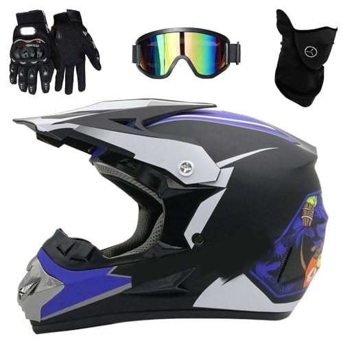 Kinder-Motocross-Helm mit Schutzbrille, Handschuhen, Maske, Vollgesichts-ATV-Offroad-Rennmotorradhelm für Erwachsene(Blue ghost head,M(54-55cm)) von GDAONUDK