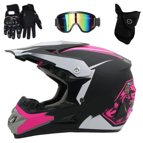 Kinder-Motocross-Helm mit Schutzbrille, Handschuhen, Maske, Vollgesichts-ATV-Offroad-Rennmotorradhelm für Erwachsene(Pink ghost head,S(52-53cm)) von GDAONUDK