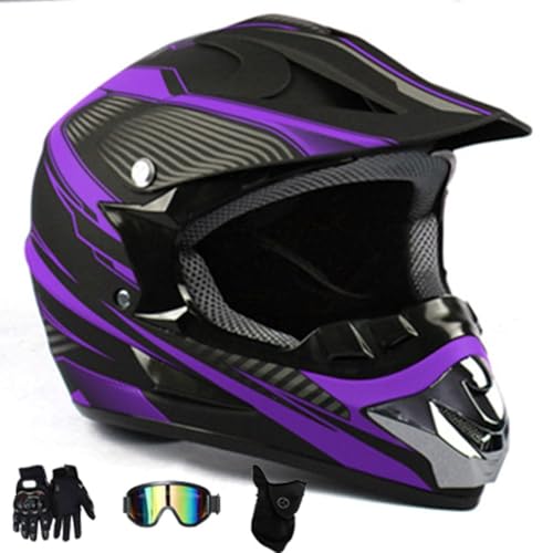 MTB-Helm, Motocross-Helm für Kinder, Jugendliche, Erwachsene, Integralhelm mit Schutzbrille, Handschuhen, Gesichtsschutz, DOT-zugelassen(Purple,M(54-55cm)) von GDAONUDK