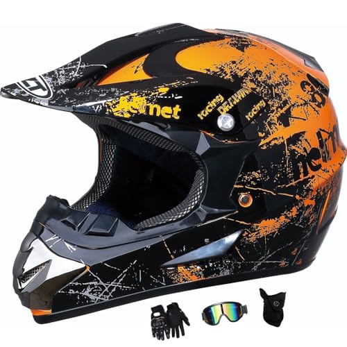 Motocross Helm Kinder, Integralhelm MTB Downhill Motorradhelm Jugend, mit Handschuhen, Schutzbrille und Maske, Integralhelm Crosshelm Herren ATV Motorradhelm(B33,S(52-53cm)) von GDAONUDK