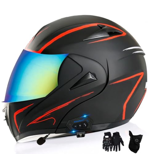 Motorradhelm mit Bluetooth Klapphelm Doppelvisier Modularer Helm mit Handschuhen und Maske DOT Zertifiziert Integralhelm mit Mikrofon für Automatische Reaktion Intercom Sturzhelm(Type 25,S(55-56CM)) von GDAONUDK