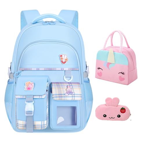 GDEMXOAN 3 x Mädchen-Rucksack, Kawaii-Schulrucksack für Kinder mit Lunchtasche und Federmäppchen (kariert, blau) von GDEMXOAN