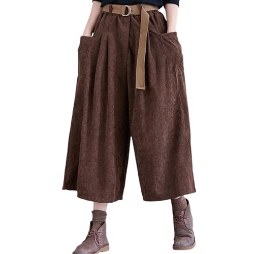 GDKRTNAJ Damenhose aus Cord mit hohem elastischem Bund und weitem Bein, Weite Cordhose mit Gürtel (Coffee,XXL) von GDKRTNAJ