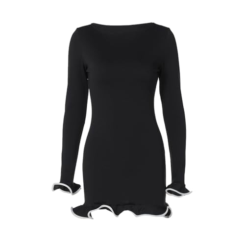 GDKRTNAJ Elegantes, figurbetontes Damenkleid mit U-Boot-Ausschnitt und Langen Ärmeln aus Spitze, langärmliges Party-Minikleid mit Rüschensaum (Black,M) von GDKRTNAJ